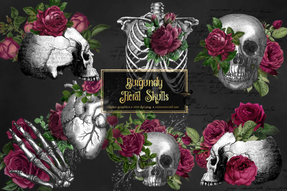 Exploring the Elegance of Burgundy Floral Skulls Clipart