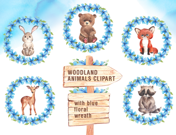 Woodland Animals with Blue Floral Wreaths: A Charming Addition to Your Creative Projects